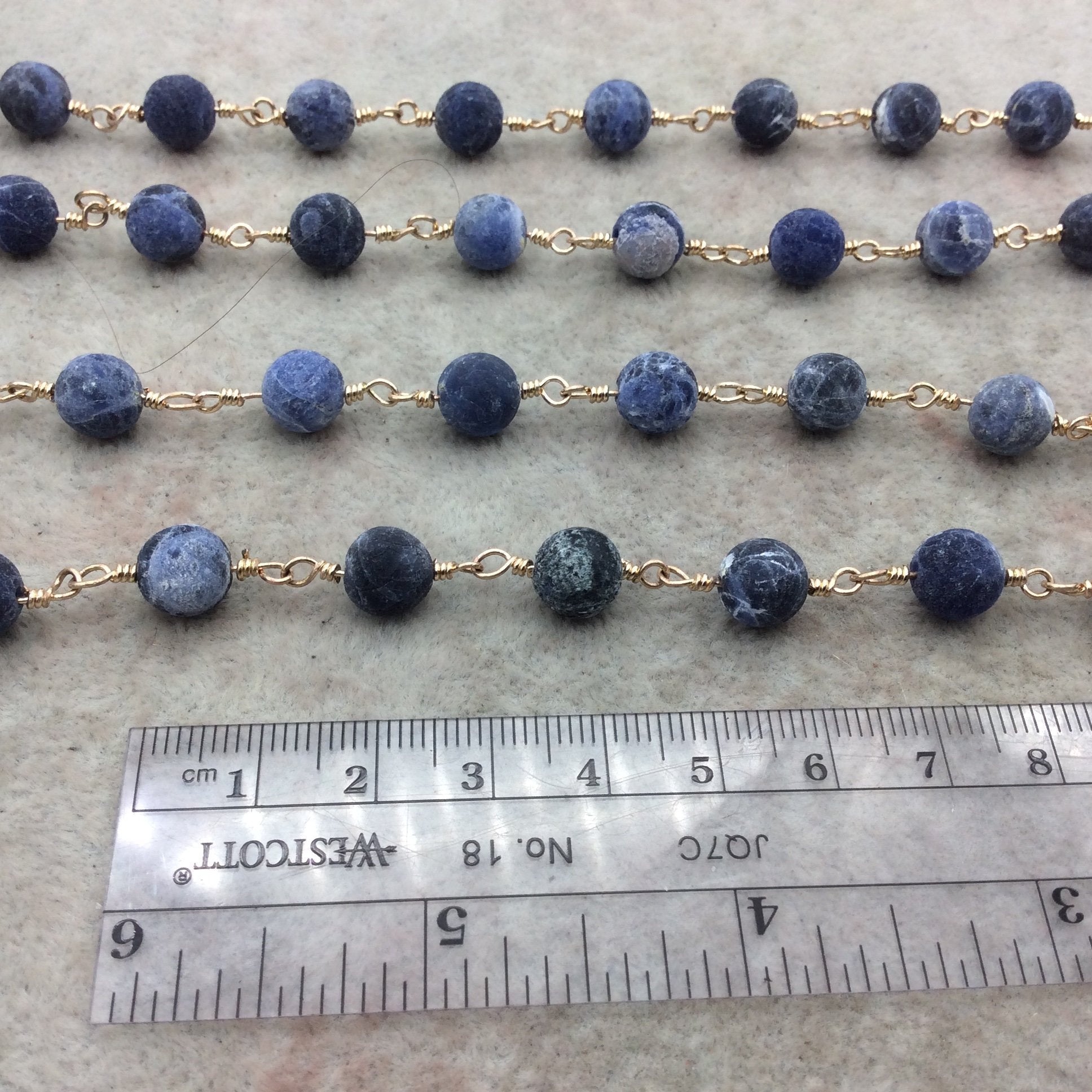 Gold Plated Copper Rosary Chain with 8mm Matte Round Shaped Blue/White Sodalite Beads - Sold by the Foot! - Natural Beaded Chain