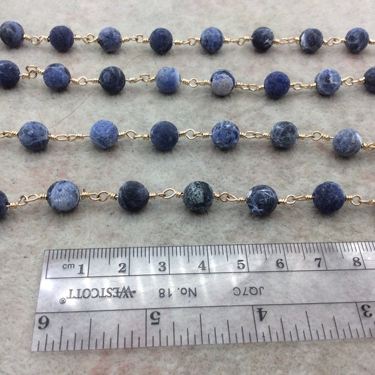 Gold Plated Copper Rosary Chain with 8mm Matte Round Shaped Blue/White Sodalite Beads - Sold by the Foot! - Natural Beaded Chain