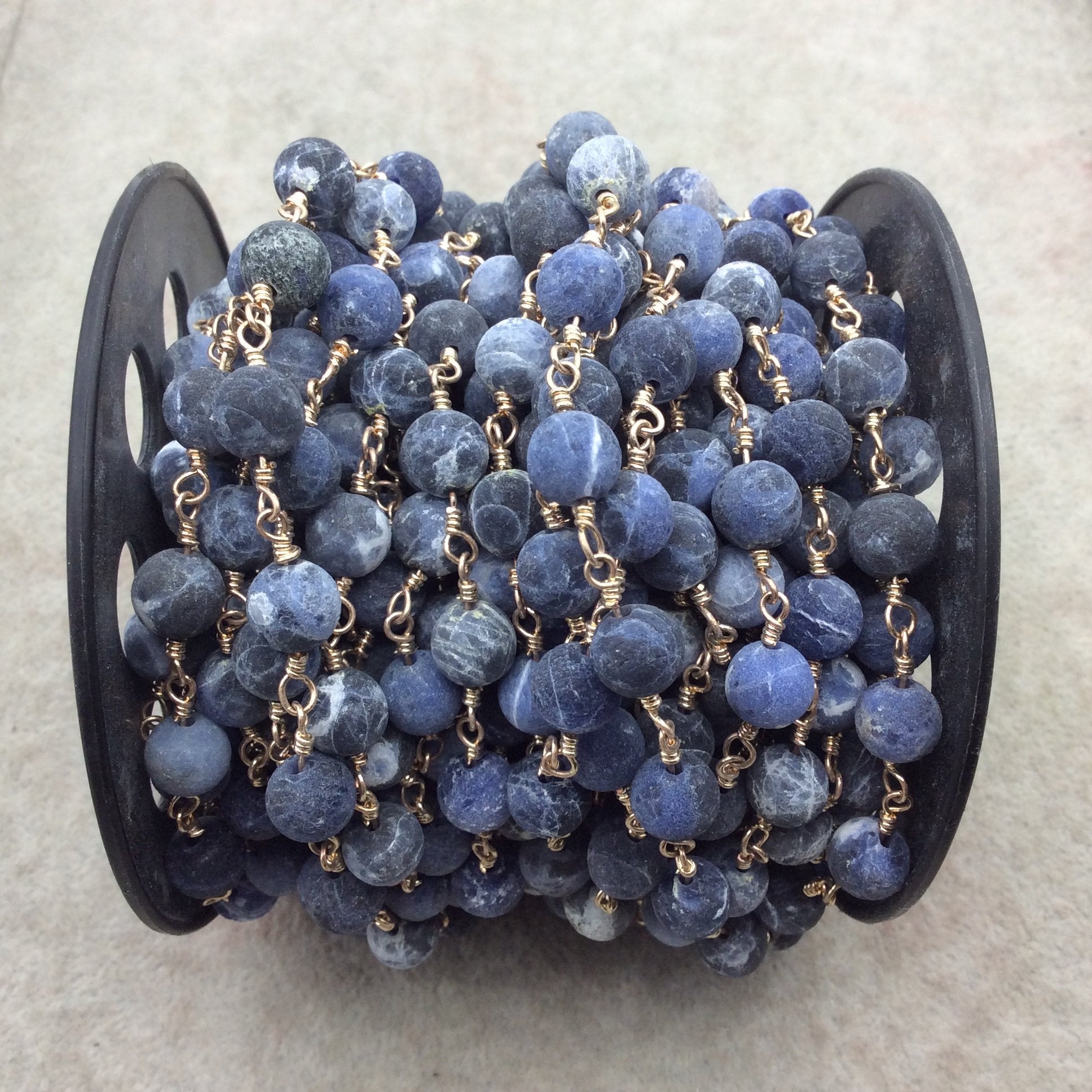 Gold Plated Copper Rosary Chain with 8mm Matte Round Shaped Blue/White Sodalite Beads - Sold by the Foot! - Natural Beaded Chain