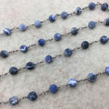 Gunmetal Plated Copper Rosary Chain with 8mm Matte Round Shaped Blue/White Sodalite Beads - Sold by the Foot! - Natural Beaded Chain