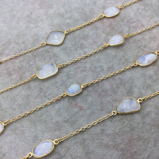Gold Plated Copper 2" Spaced Bezel Rosary Chain with 14-20mm Faceted Mixed Rainbow Moonstone Freeform Shaped Bezels - Sold by the Ft.