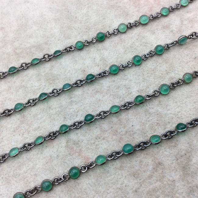 Gunmetal Plated Copper Link Bezel Rosary Chain with 4mm Smooth Flat Back Natural Green Onyx Round Bezels - Sold by the Foot