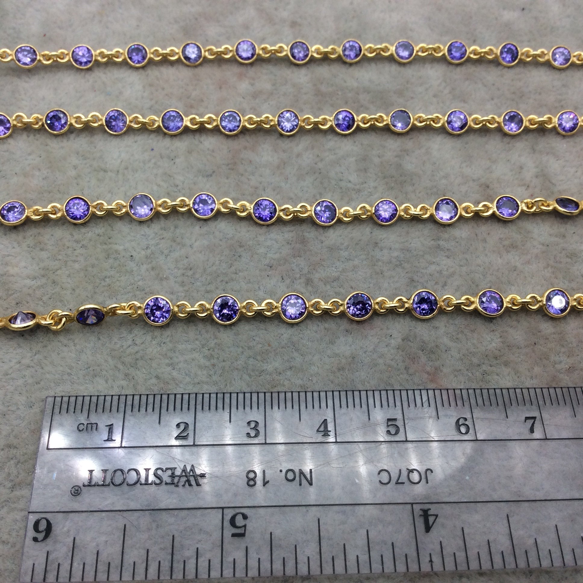 Gold Plated Copper Link Bezel Rosary Chain with 4mm Faceted Light Purple Cubic Zirconia (CZ) Round Bezels - Sold by the Foot