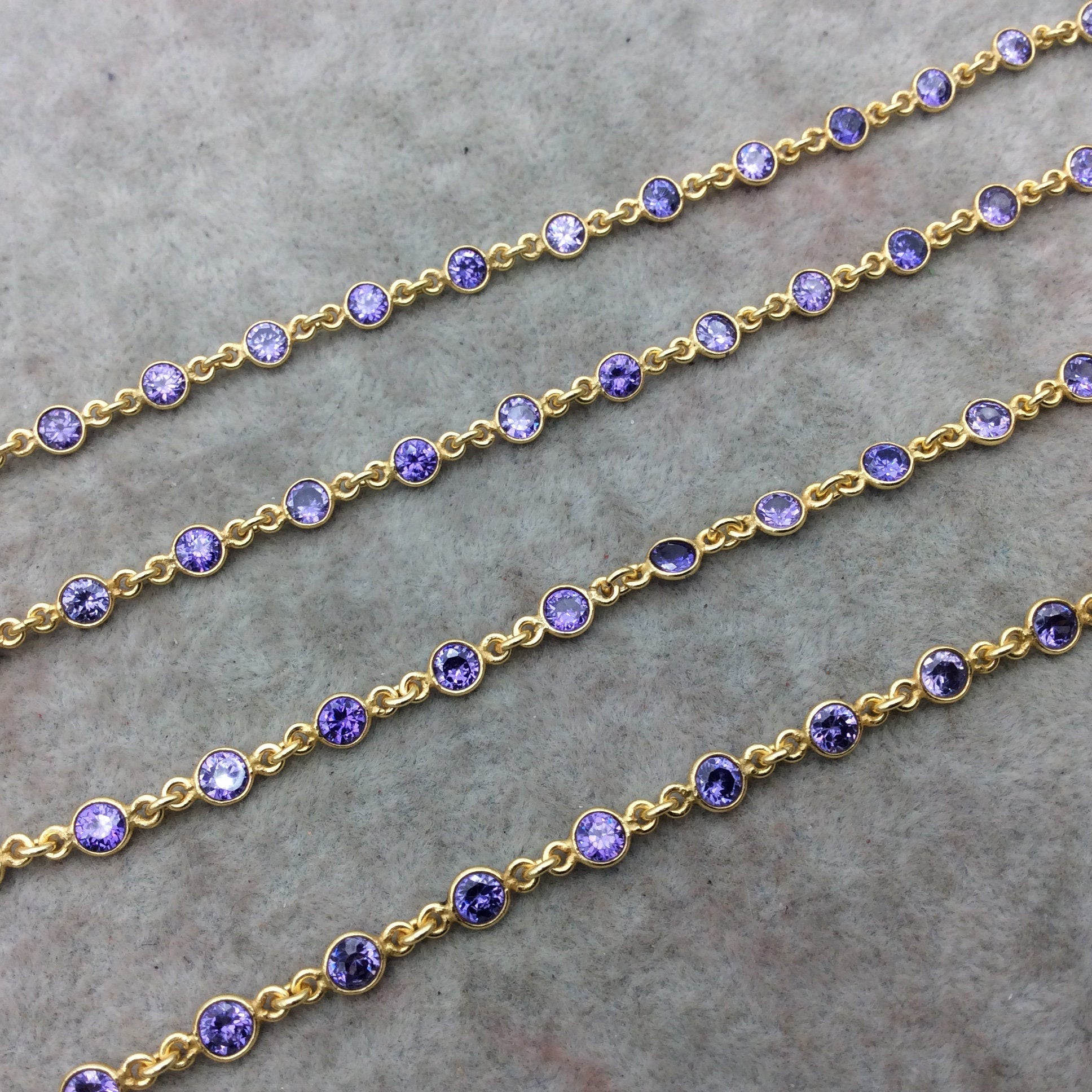 Gold Plated Copper Link Bezel Rosary Chain with 4mm Faceted Light Purple Cubic Zirconia (CZ) Round Bezels - Sold by the Foot