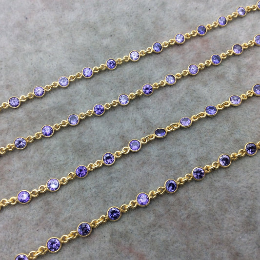 Gold Plated Copper Link Bezel Rosary Chain with 4mm Faceted Light Purple Cubic Zirconia (CZ) Round Bezels - Sold by the Foot