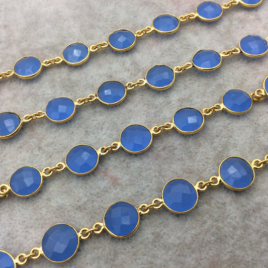 Gold Plated Copper Link Bezel Rosary Chain with 10mm Faceted Round Pale Denim Blue Hydro Chalcedony Marquise Bezels - Sold by the Ft.