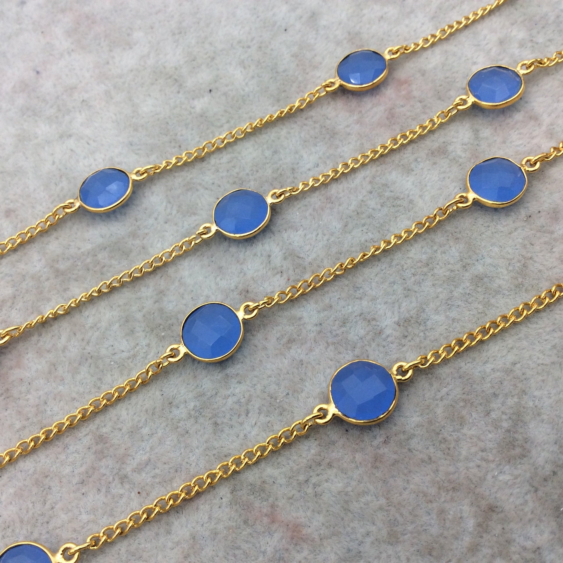 Gold Plated Copper 2" Spaced Bezel Rosary Chain with 10mm Faceted Round Pale Denim Blue Hydro Chalcedony Marquise Bezels - Sold by the Ft.