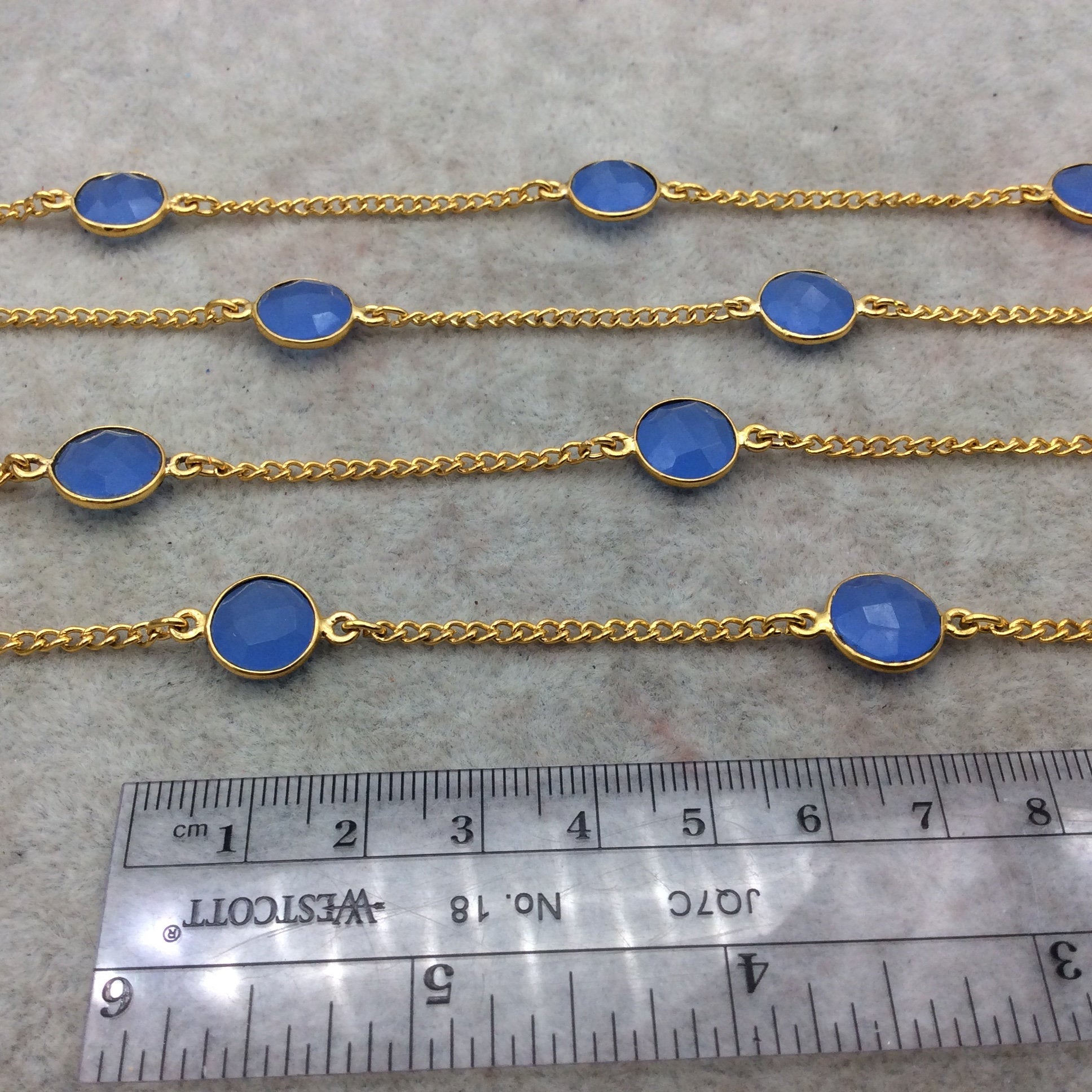 Gold Plated Copper 2" Spaced Bezel Rosary Chain with 10mm Faceted Round Pale Denim Blue Hydro Chalcedony Marquise Bezels - Sold by the Ft.