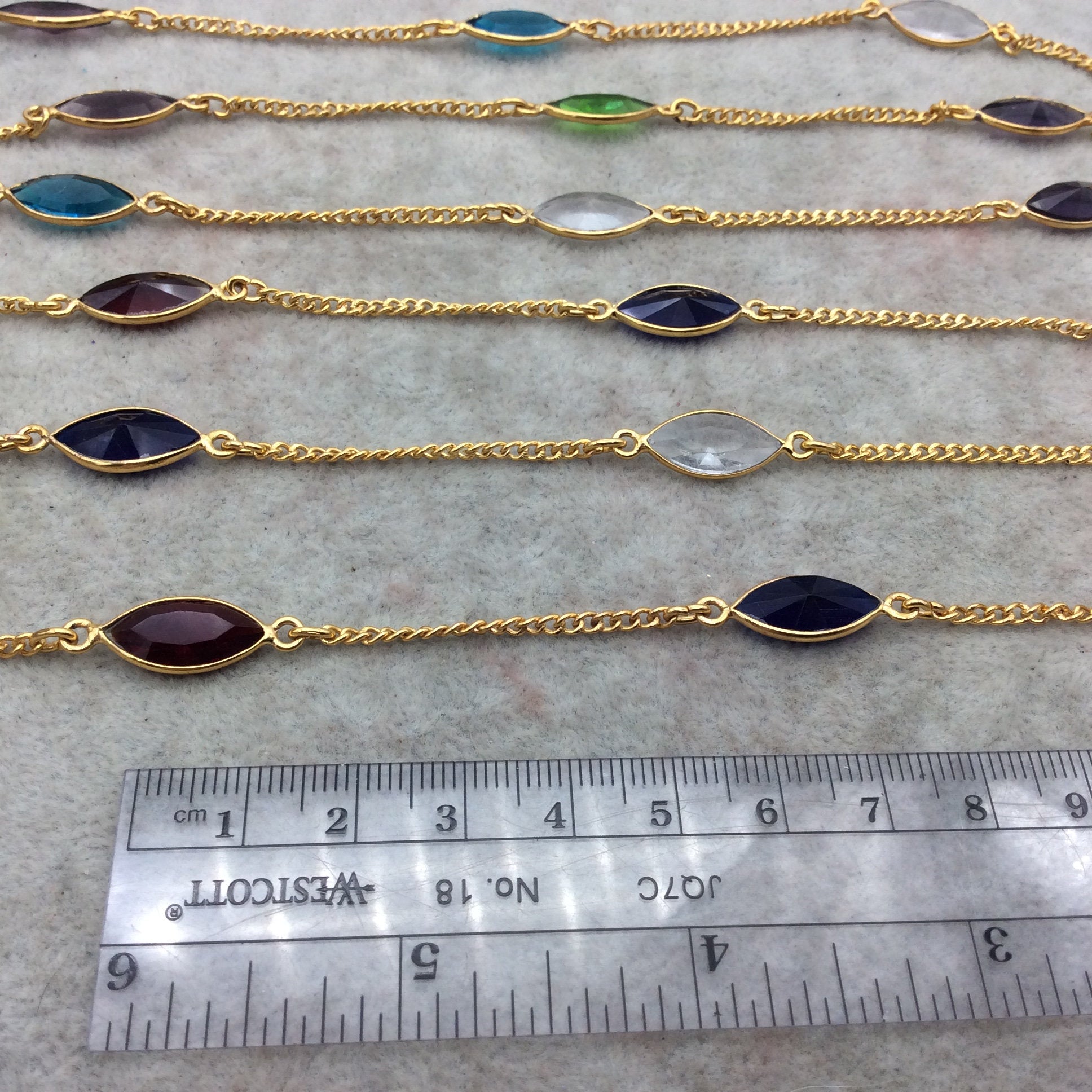 Gold Plated Copper Spaced Bezel Link Rosary Chain with 8mm x 15mm Faceted Rainbow Hydro Quartz Marquise Bezels - Sold by 1' Sections