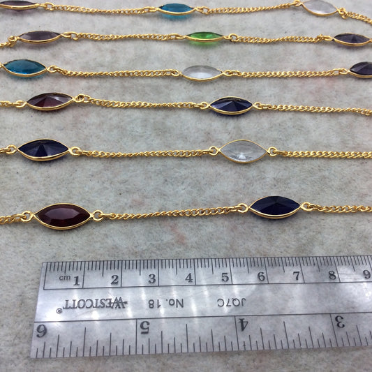 Gold Plated Copper Spaced Bezel Link Rosary Chain with 8mm x 15mm Faceted Rainbow Hydro Quartz Marquise Bezels - Sold by 1' Sections