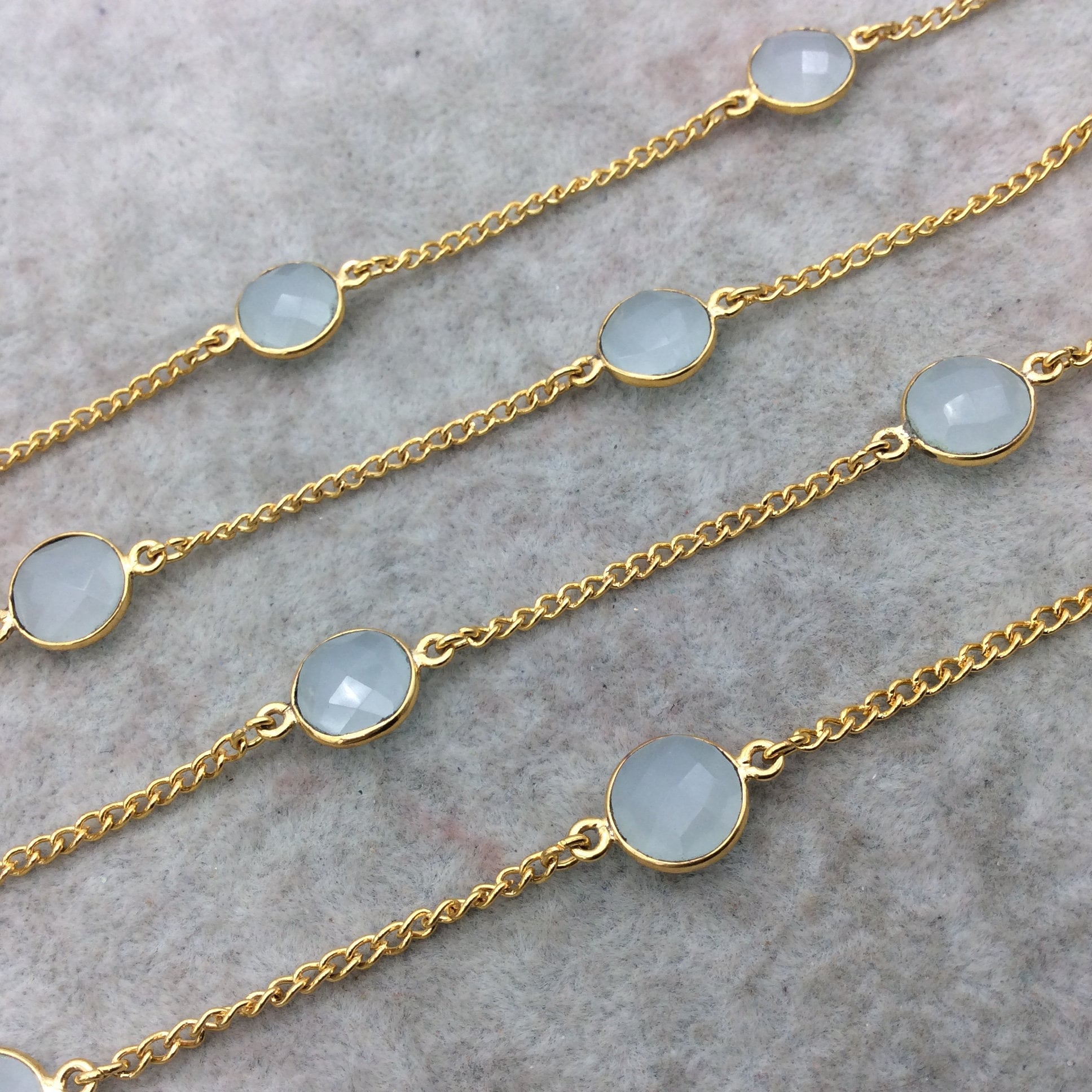 Bezel Chain | Blue Chalcedony Bezel Link Chain | Gold Plated Chain for Jewelry Making