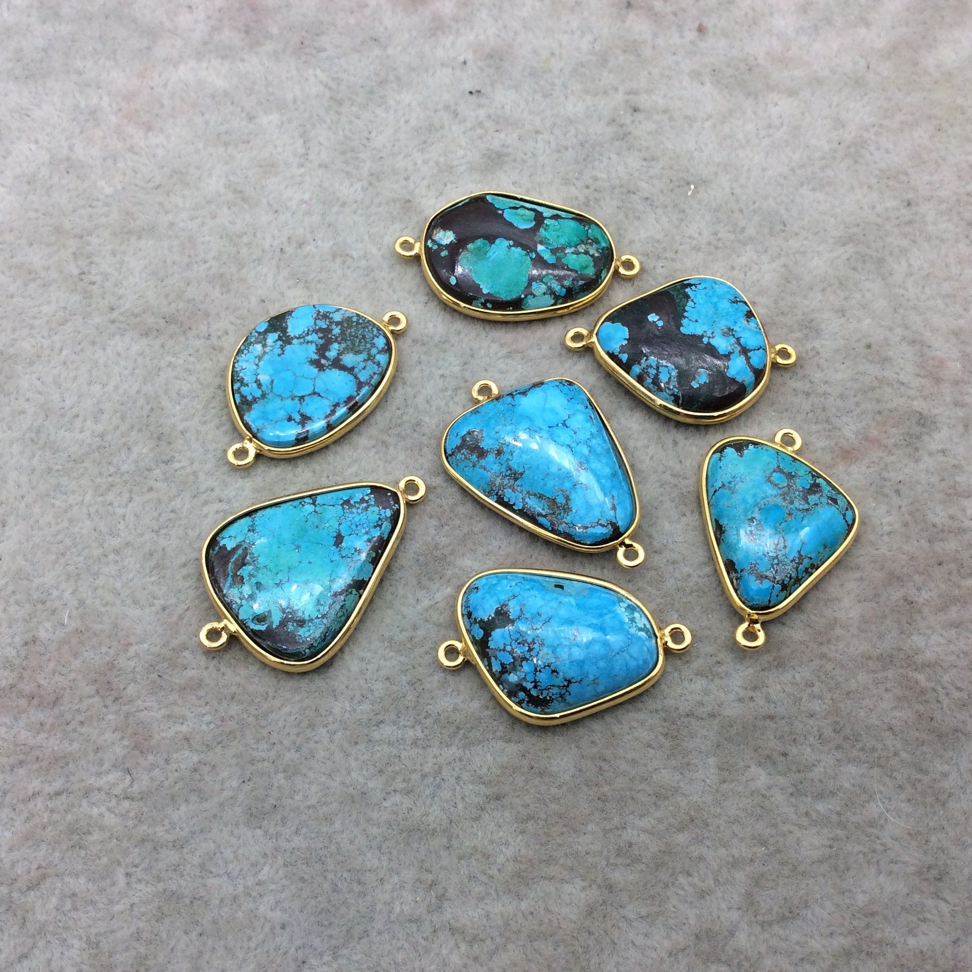 Gold Plated Large Stabilized Brazilian Turquoise Freeform Shaped Bezel Connector - ~ 24mm -30mm Long - Sold Individually , Chosen at Random