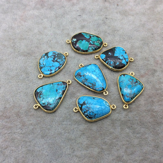Gold Plated Large Stabilized Brazilian Turquoise Freeform Shaped Bezel Connector - ~ 24mm -30mm Long - Sold Individually , Chosen at Random