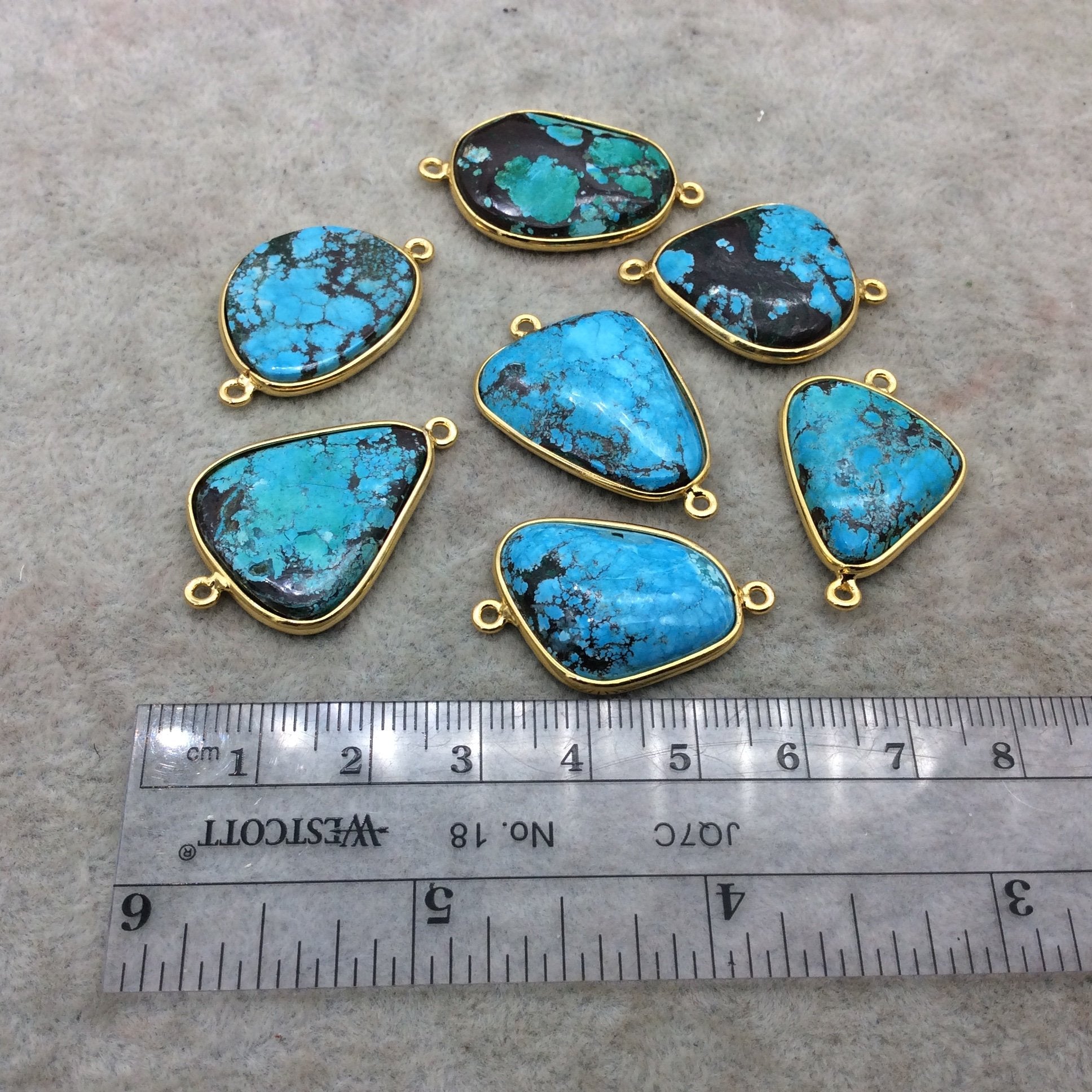 Gold Plated Large Stabilized Brazilian Turquoise Freeform Shaped Bezel Connector - ~ 24mm -30mm Long - Sold Individually , Chosen at Random