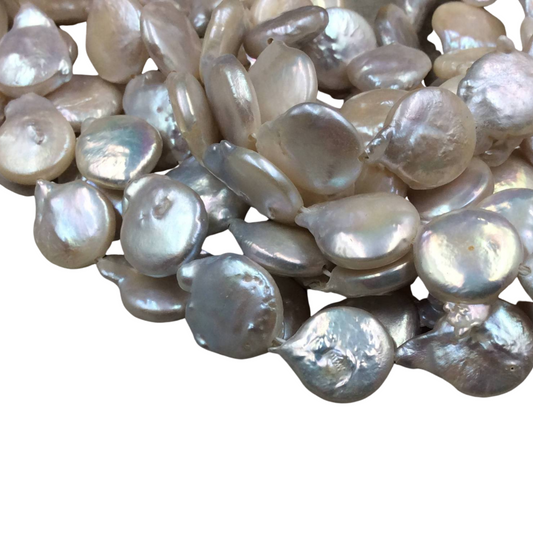 12-15mm Natural Irisdescent White Freshwater Pearl Freeform Coin Beads- Sold per 15.5" Strand ~ 26 pearls per strand - Natural Pearl Beads