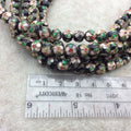 10mm Decorative Floral Black Puffed Round/Ball Shaped Metal/Enamel Cloisonné Beads - Sold by 15" Strands (~ 56 Beads Per Strand)