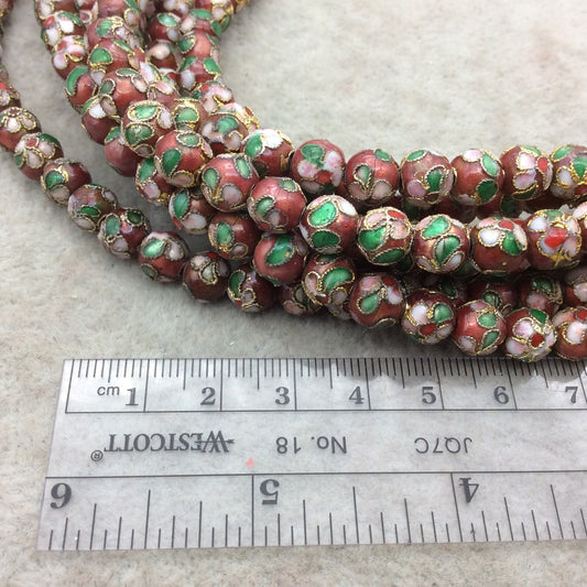 8mm Decorative Floral Red Puffed Round/Ball Shaped Metal/Enamel Cloisonné Beads - Sold by 15" Strands (~ 56 Beads Per Strand)