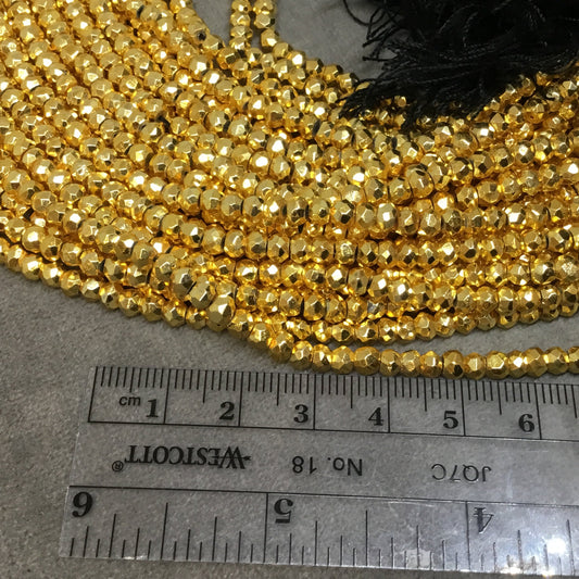 Holiday Special! 3-4mm x 3-4mm Faceted Natural Gold Plated Pyrite Rondelle Shaped Beads - 14" Strand (Approx. 102 Beads) - Quality Gemstone