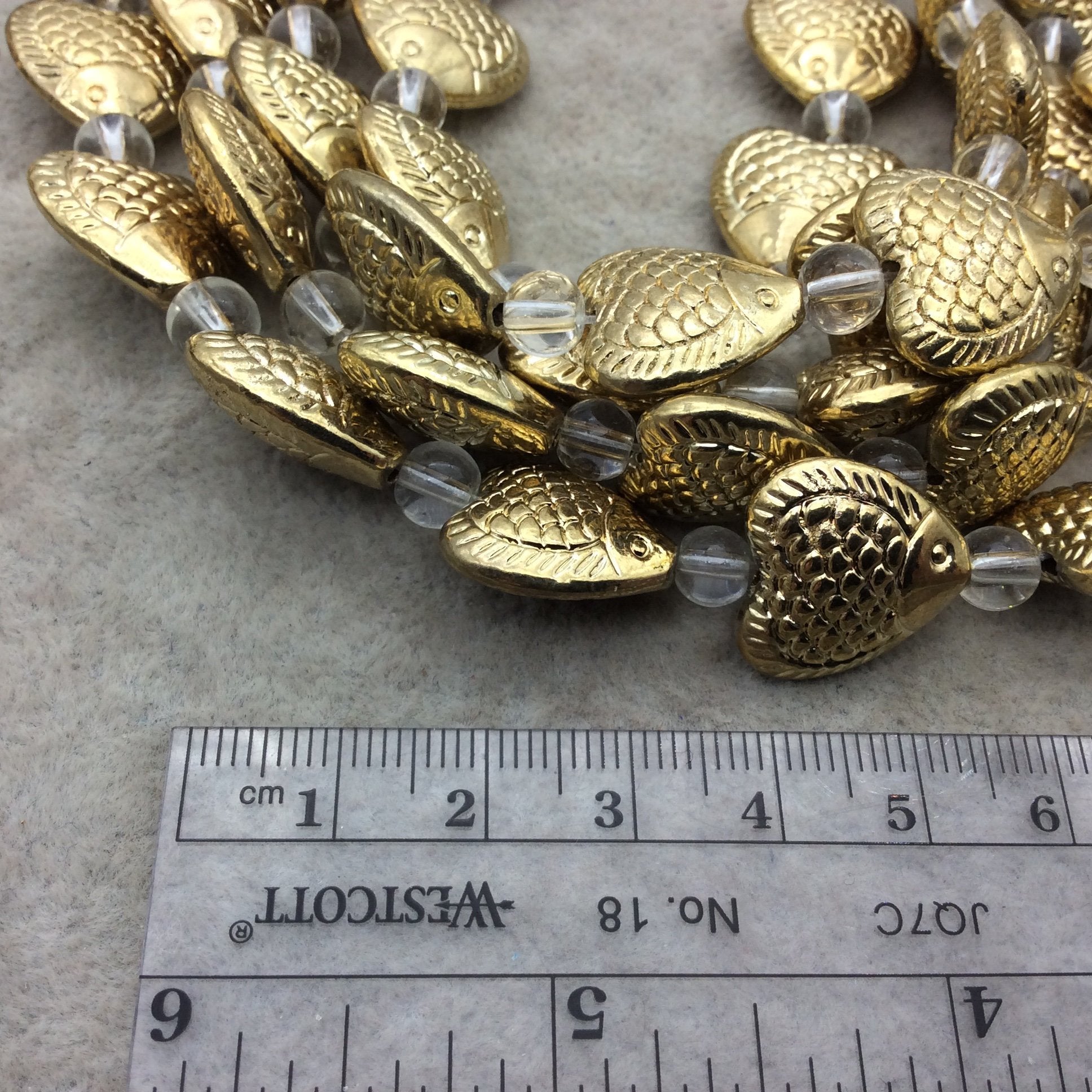 Gold Finish Fish Heart Shape Plated Pewter Beads (17170)- 8" Strand (Approx. 10 Beads) - 17mm x 17mm - 1mm Hole Size