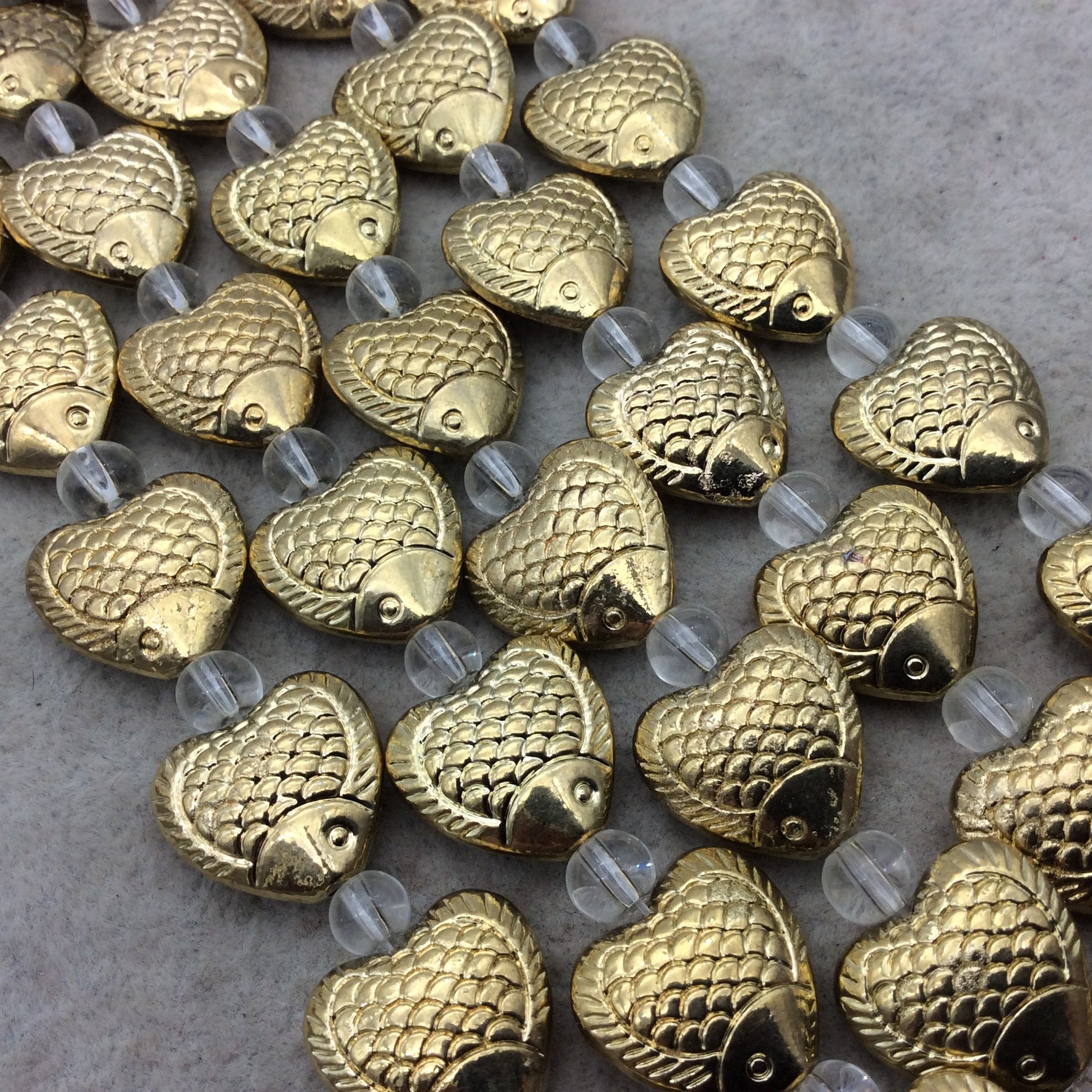 Gold Finish Fish Heart Shape Plated Pewter Beads (17170)- 8" Strand (Approx. 10 Beads) - 17mm x 17mm - 1mm Hole Size