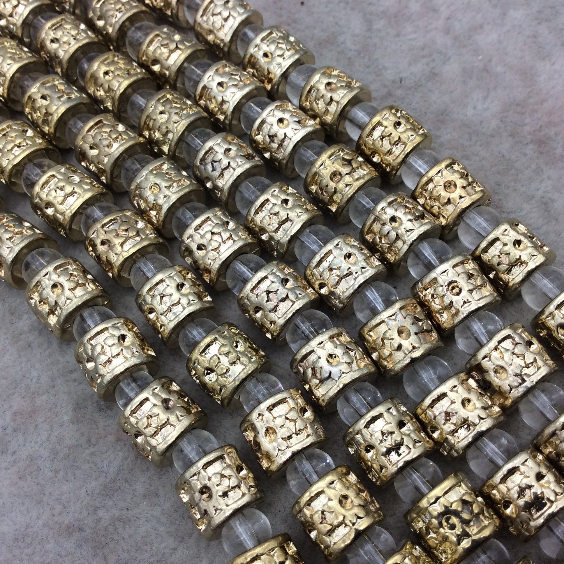 Gold Finish Daisy Pattern Tube Shape Plated Pewter Beads (43230)- 8" Strand (Approx. 15 Beads) - 8mm x 8mm - 5mm Hole Size