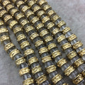 Gold Finish Dot Dash Pattern Wheel/Donut Shape Plated Pewter Beads (25185)- 8" Strand (Approx. 22 Beads) - 5mm x 8mm - 6mm Hole Size