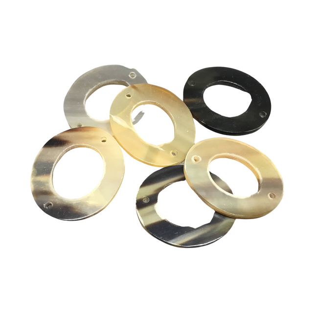 1.5" Semi-Transparent Black/Brown Open Oval Shaped Lightweight Natural Horn Connector Component with 2mm Holes - Measuring 33mm x 39mm