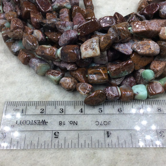 Brown/Green Chrysoprase Faceted Tumbled Nugget Beads - 15" Strand (~ 38 Beads) - Measure 8-12mm x 10-15mm - Natural Semi-Precious Gemstone