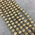 Gold Finish Mosaic Pattern Tube Shape Plated Pewter Beads (13504)- 8" Strand (Approx. 26 Beads) - 4mm x 8mm - 5mm Hole Size