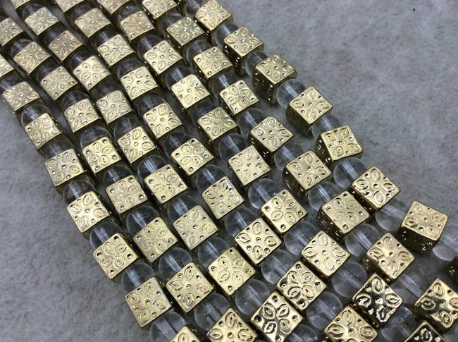 Gold Finish Floral Pattern Cube/Square Shape Plated Pewter Beads - 8" Strand (Approx. 17 Beads) - 7mm x 7mm - 5mm Hole Size