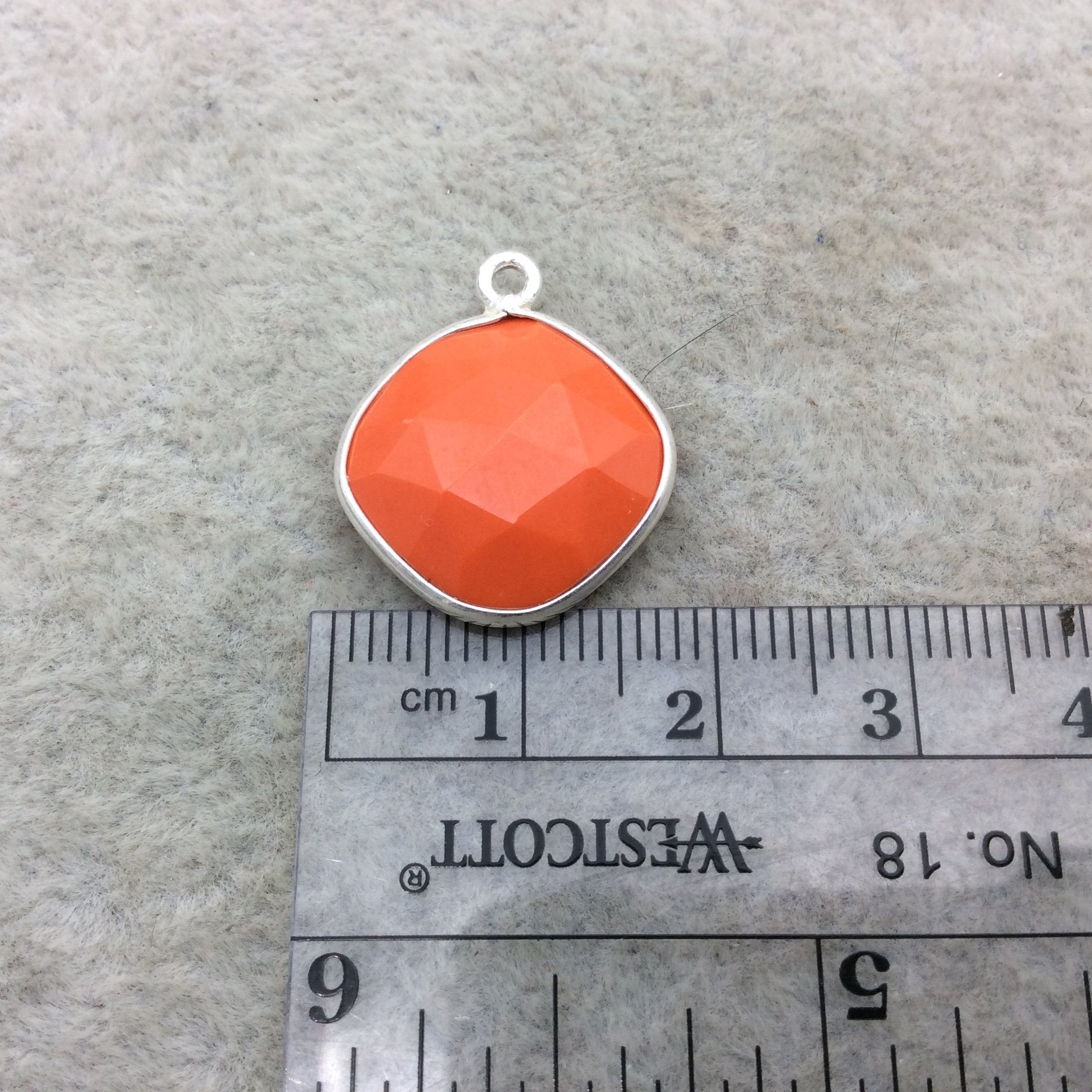Sterling Silver Faceted Diamond Shape Opaque Orange  Hydro (Man-made) Chalcedony Bezel Pendant ~ 15mm x 15mm - Sold Per Each
