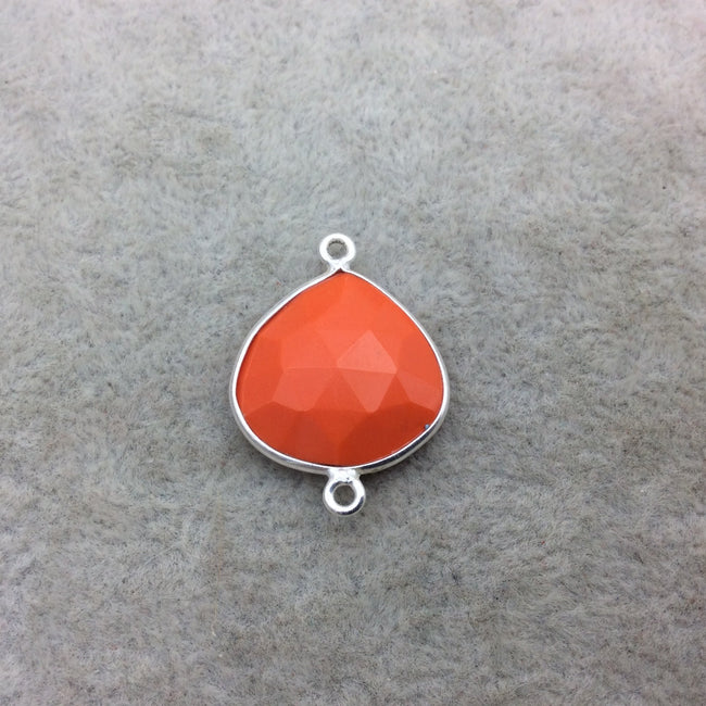 Sterling Silver Faceted Teardrop/Heart Shape Opaque Orange  Hydro (Man-made) Chalcedony Bezel Connector ~ 18mm x 18mm - Sold Per Each