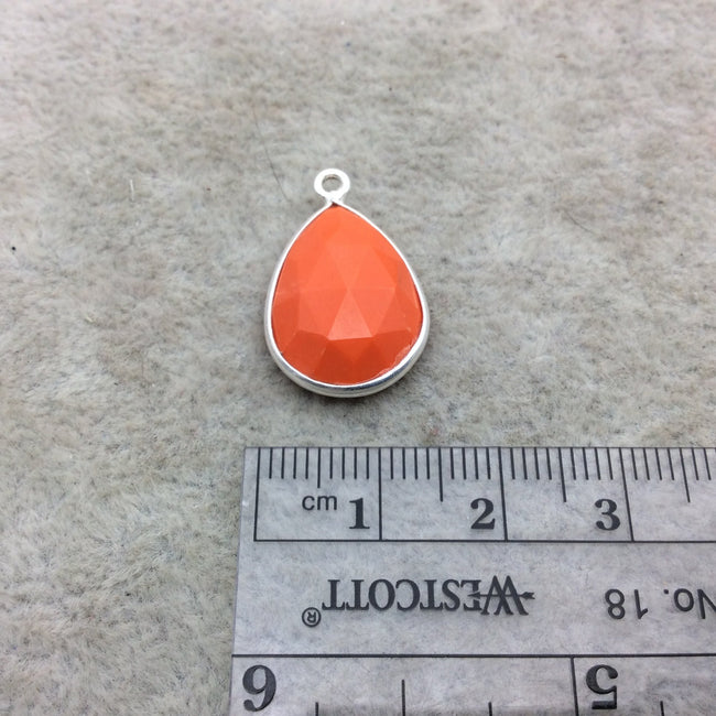Sterling Silver Faceted Teardrop Shape Opaque Orange  Hydro (Man-made) Chalcedony Bezel Pendant ~ 13mm x 18mm - Sold Per Each
