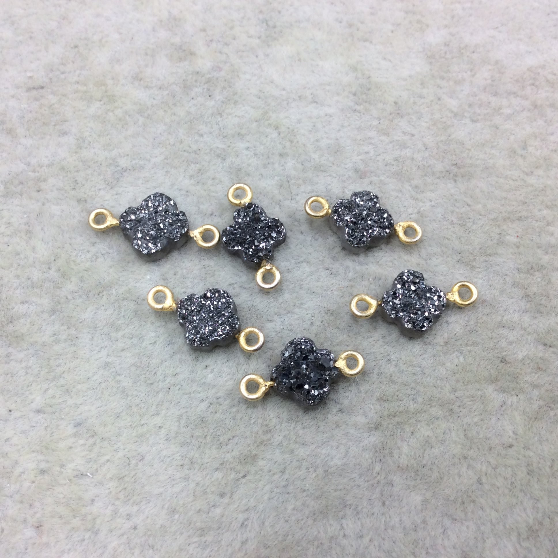 Large Dark Silver Quatrefoil Shape Natural Druzy Connector W Gold Rings - Measures 8mm x 8mm, Approx. - Sold Individually, Randomly Chosen