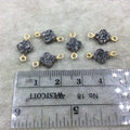 Medium Dark Silver Quatrefoil Shape Natural Druzy Connector W Gold Rings - Measures 7mm x 7mm, Approx. - Sold Individually, Randomly Chosen
