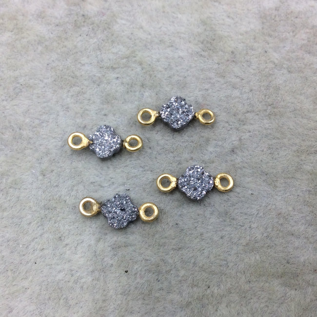 Small Bright Silver Quatrefoil Shape Natural Druzy Connector W Gold Rings - Measures 6mm x 6mm, Approx. - Sold Individually, Randomly Chosen