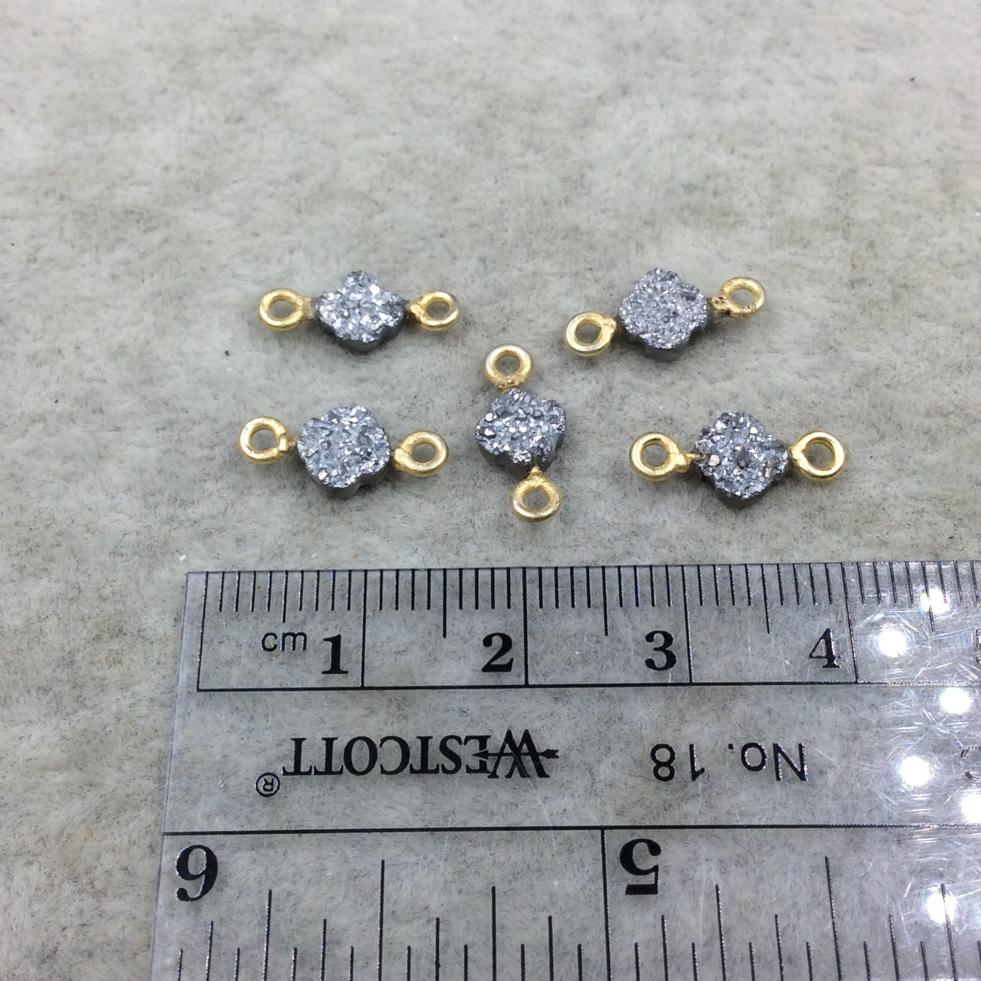 Small Bright Silver Quatrefoil Shape Natural Druzy Connector W Gold Rings - Measures 6mm x 6mm, Approx. - Sold Individually, Randomly Chosen