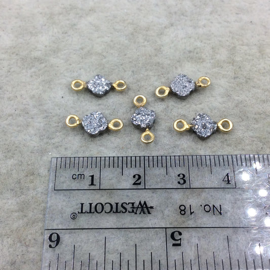 Small Bright Silver Quatrefoil Shape Natural Druzy Connector W Gold Rings - Measures 6mm x 6mm, Approx. - Sold Individually, Randomly Chosen