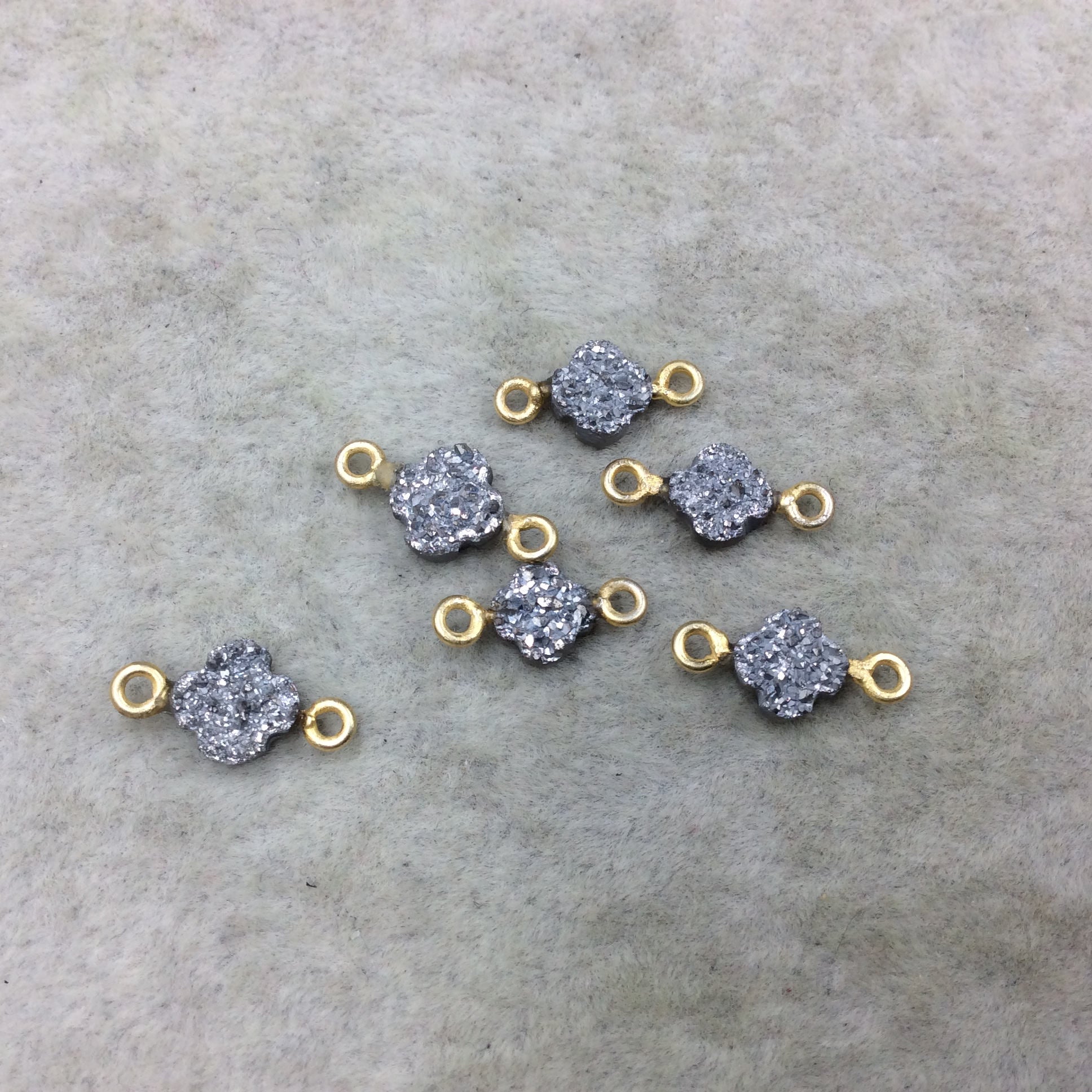 Medium Bright Silver Quatrefoil Shape Natural Druzy Connector W Gold Rings - Measures ~ 7mm x 7mm,  - Sold Individually, Randomly Chosen