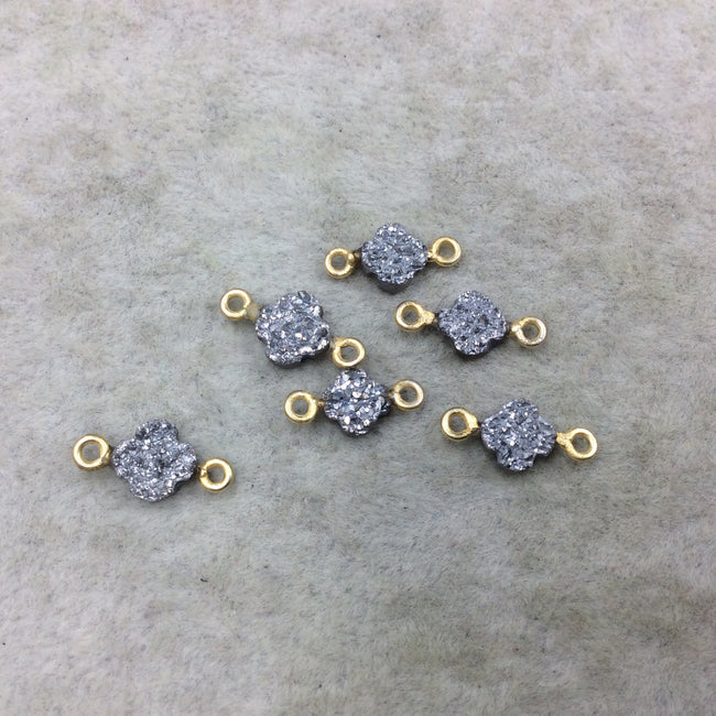 Medium Bright Silver Quatrefoil Shape Natural Druzy Connector W Gold Rings - Measures ~ 7mm x 7mm,  - Sold Individually, Randomly Chosen