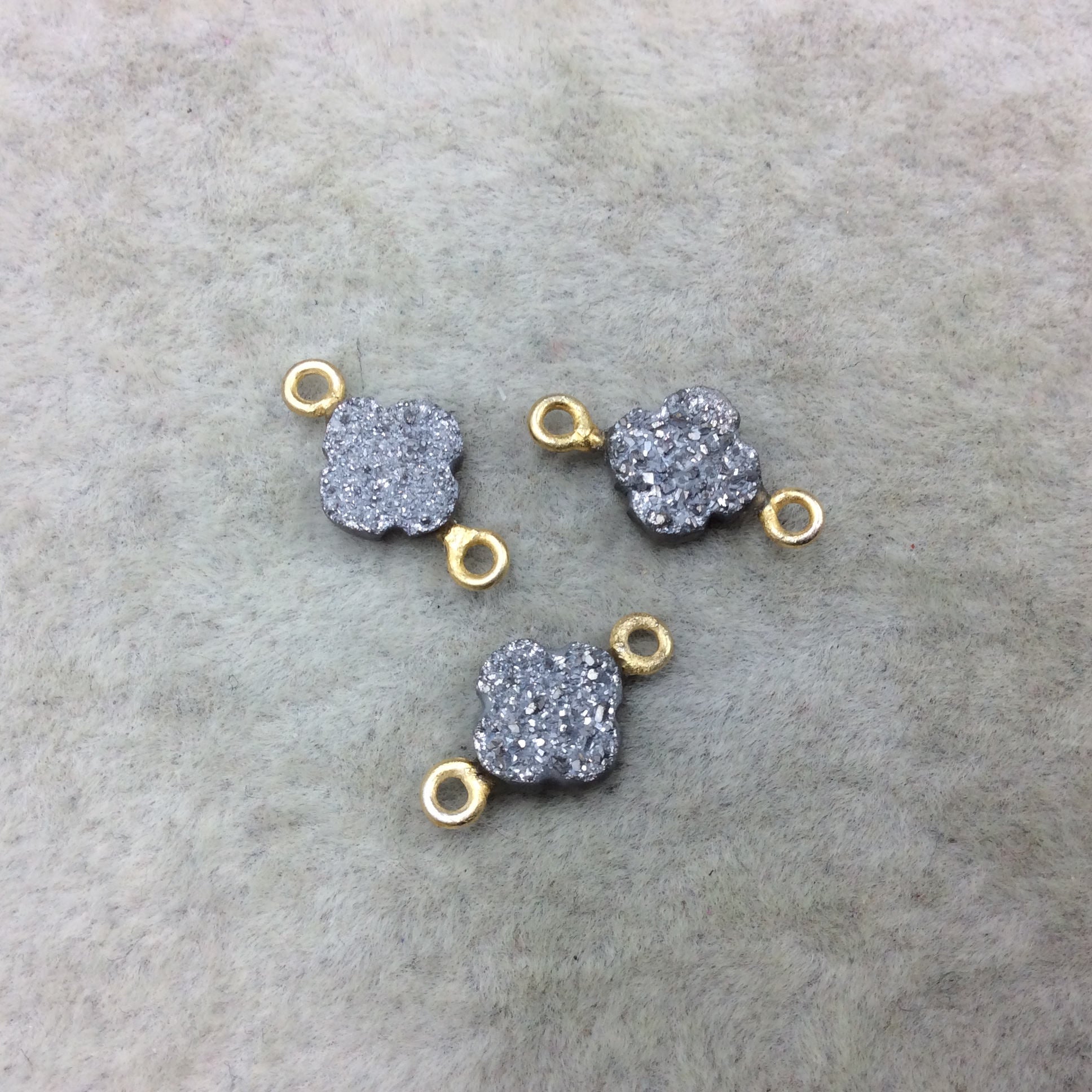 Large Bright Silver Quatrefoil Shape Natural Druzy Connector W Gold Rings - Measures ~ 8mm x 8mm,  - Sold Individually, Randomly Chosen