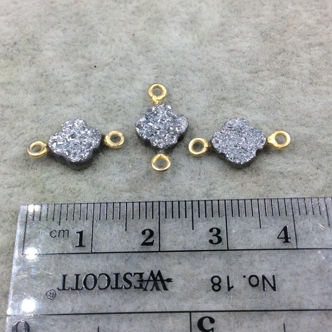 Large Bright Silver Quatrefoil Shape Natural Druzy Connector W Gold Rings - Measures ~ 8mm x 8mm,  - Sold Individually, Randomly Chosen