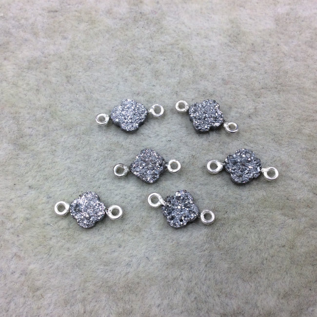 Large Bright Silver Quatrefoil Shape Natural Druzy Connector W Silver Rings - Measures ~ 8mm x 8mm,  - Sold Individually, Randomly Chosen