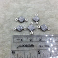 Large Bright Silver Quatrefoil Shape Natural Druzy Connector W Silver Rings - Measures ~ 8mm x 8mm,  - Sold Individually, Randomly Chosen