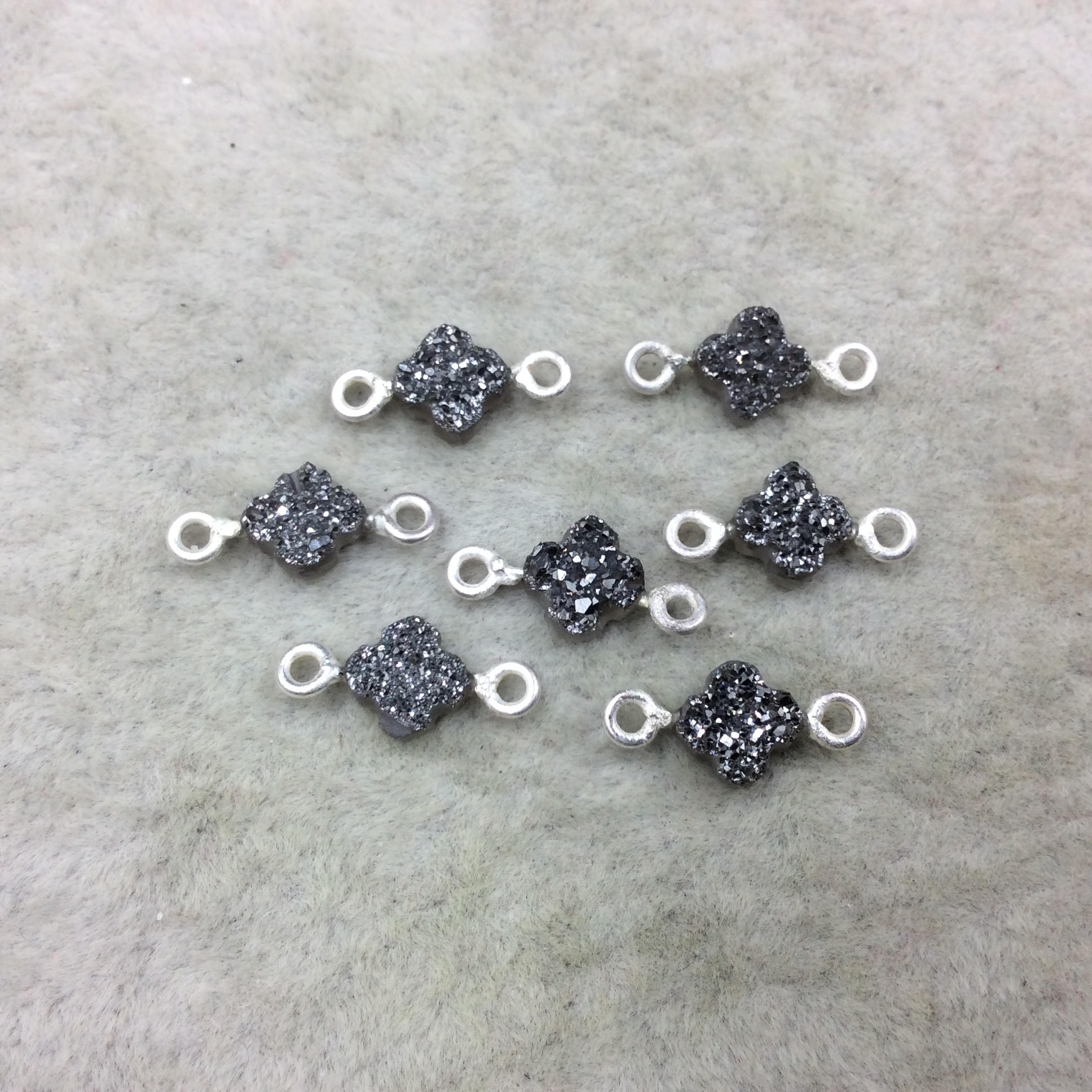 Small Dark Silver Quatrefoil Shape Natural Druzy Connector W Silver Rings - Measures ~ 6mm x 6mm,  - Sold Individually, Randomly Chosen
