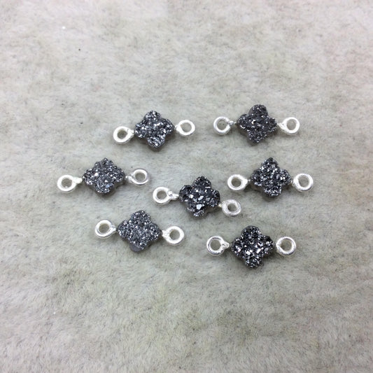 Small Dark Silver Quatrefoil Shape Natural Druzy Connector W Silver Rings - Measures ~ 6mm x 6mm,  - Sold Individually, Randomly Chosen
