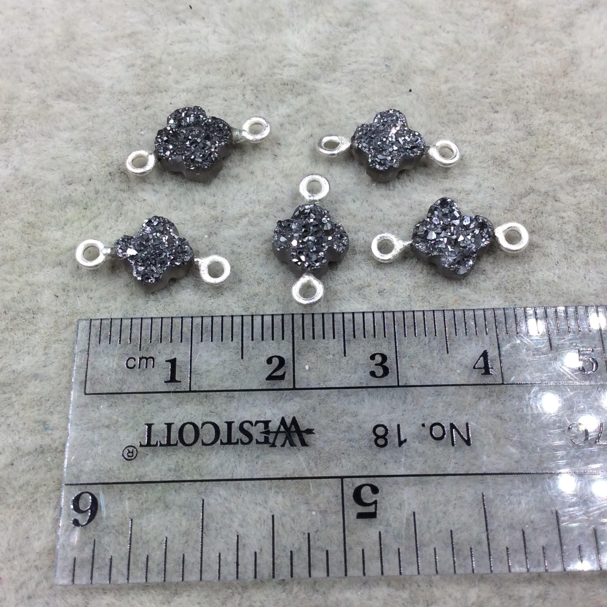 Medium Dark Silver Quatrefoil Shape Natural Druzy Connector W Silver Rings - Measures ~ 7mm x 7mm,  - Sold Individually, Randomly Chosen
