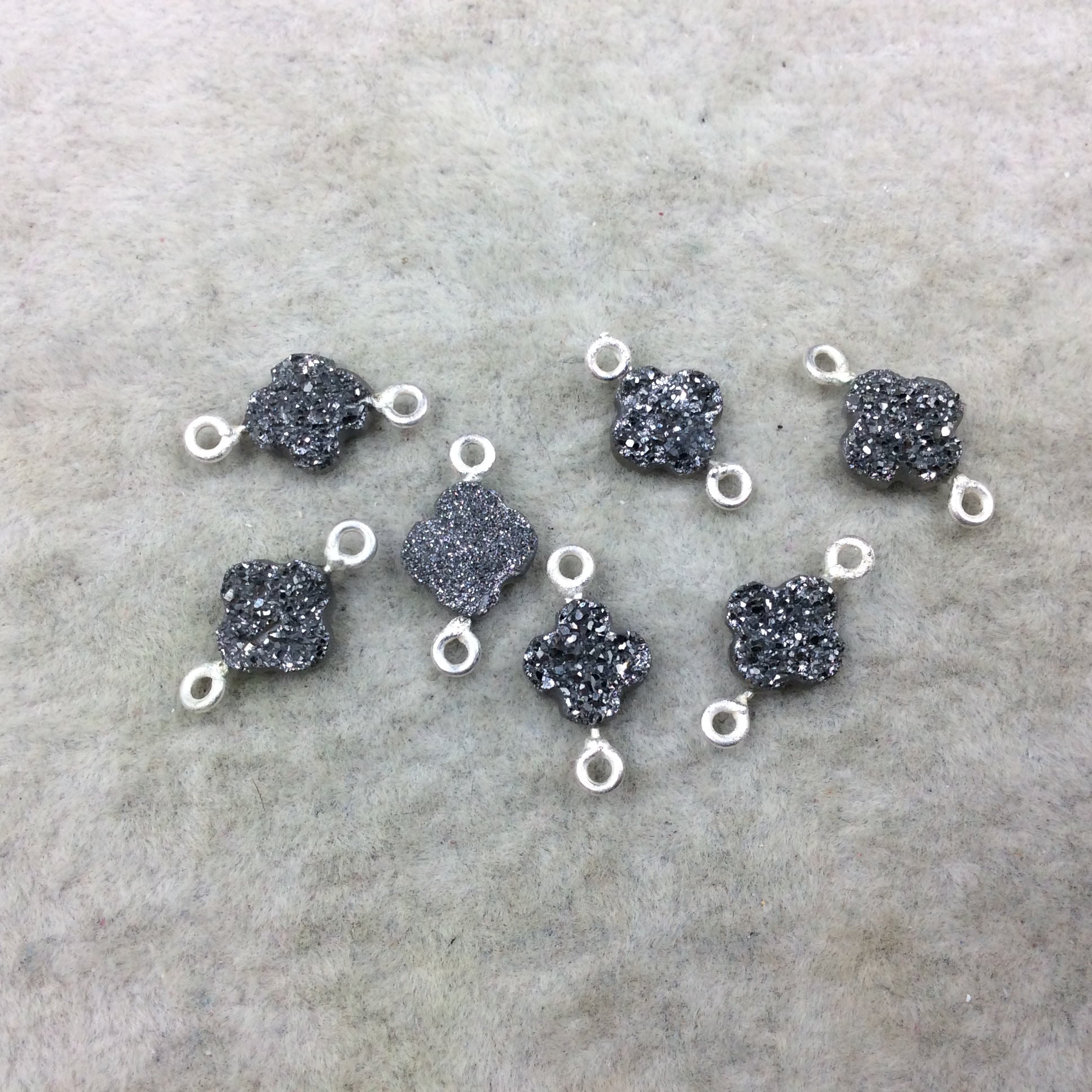 Large Dark Silver Quatrefoil Shape Natural Druzy Connector W Silver Rings - Measures ~ 8mm x 8mm,  - Sold Individually, Randomly Chosen