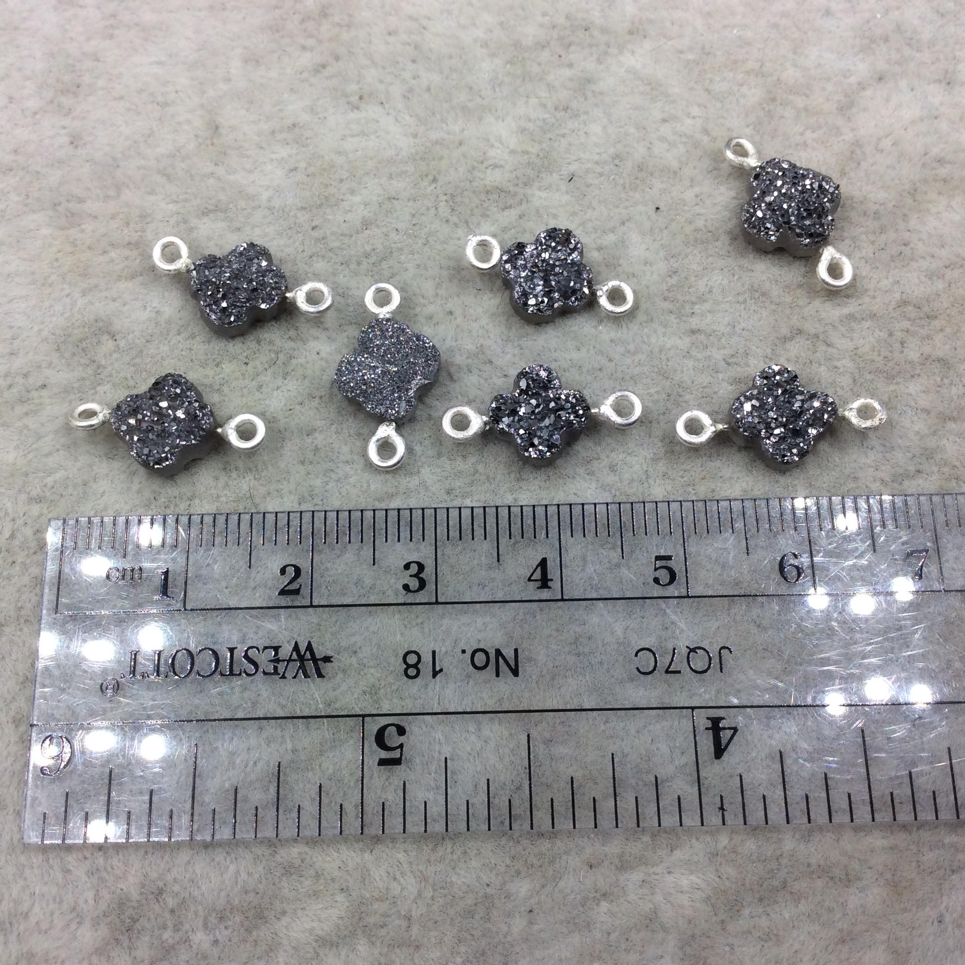 Large Dark Silver Quatrefoil Shape Natural Druzy Connector W Silver Rings - Measures ~ 8mm x 8mm,  - Sold Individually, Randomly Chosen