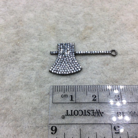 Gunmetal Finish Battle Axe Shaped CZ Cubic Zirconia Inlaid Plated Copper Pendant Component - Measuring 17mm x 31mm  - Sold Individually